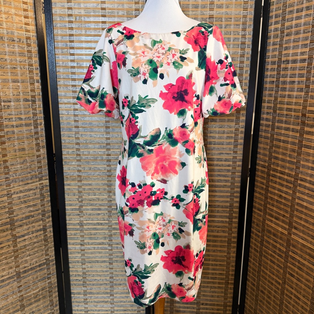 Eliza J Dress Women 14 Ivory Pink Watercolor Floral Sheath Wedding Guest Stretch